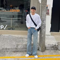美式高街潮牌复古牛仔裤垂感阔腿裤百搭水洗微喇裤潮LT16833-p43，男装牛仔裤，星座1008