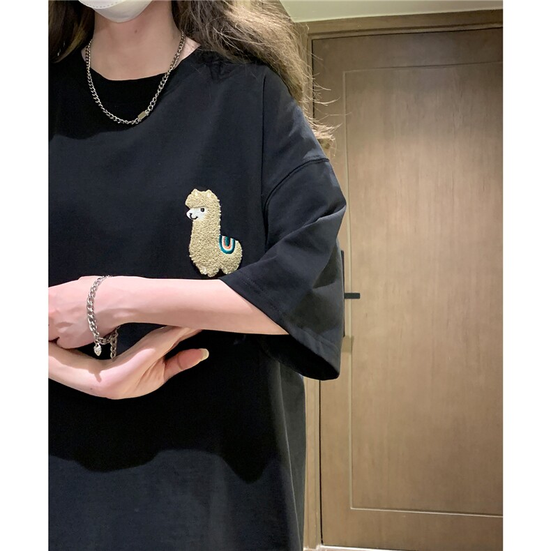 中性 夏季毛巾绣羊驼卡通圆领宽松半袖T恤女短袖潮 D289 P25 控39图片