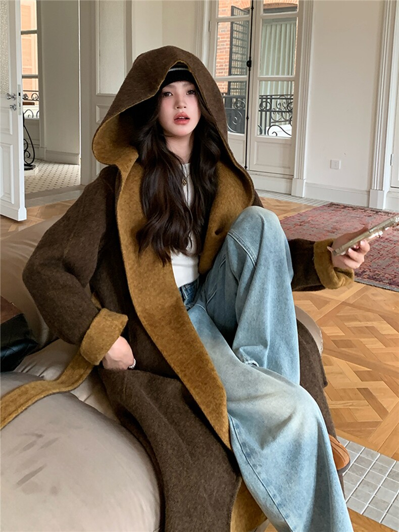 撞色连帽双面呢羊毛大衣女冬长款毛呢外套,女装毛呢外套,郎佰婉
