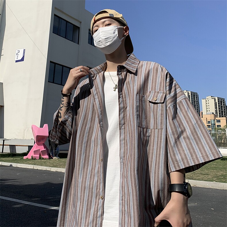 日系条纹衬衫短袖男夏季高级设计感外套潮牌痞帅港风衬衣CS07-P35,男装衬衫,星座308B-1