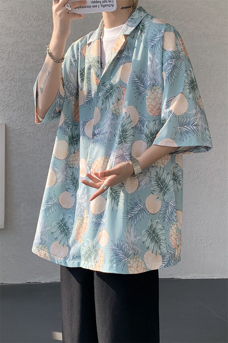 8XL-M冰丝凉感衬衣垂感透气复古花纹宽松男五分袖短袖衬衫CS526,男装T恤,电商D206-1