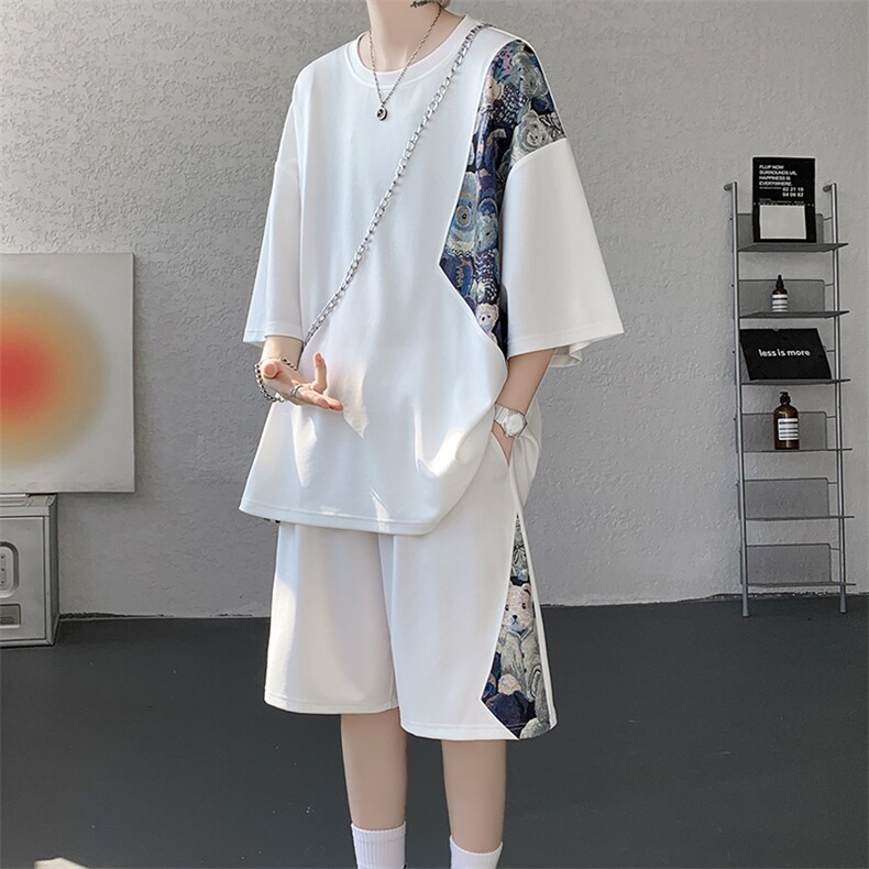 TZ792-特批50  控98 夏季冰丝潮流大码小熊撞色短袖短裤套装男图片
