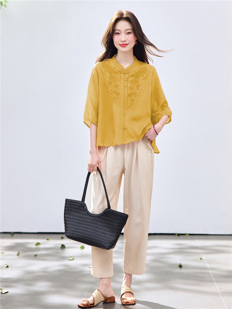 长期现货2026夏季新款天丝苎麻刺绣衬衫T恤中年小脚裤两件套装女,女装套装/套裙,璐依舞