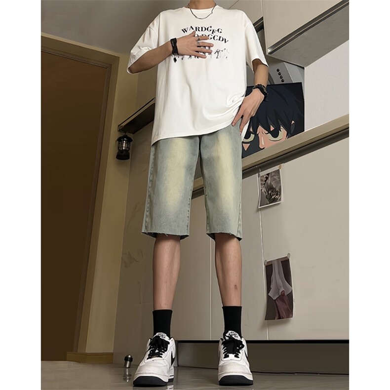 现货夏季黄泥色牛仔毛边短裤美式宽松五分中裤男K5811-P35控58,男装牛仔裤,星座205