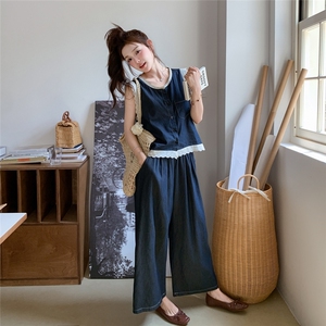 蕾丝拼接牛仔马甲阔腿裤套装女夏2025新款韩系高级感超好看两件套图片