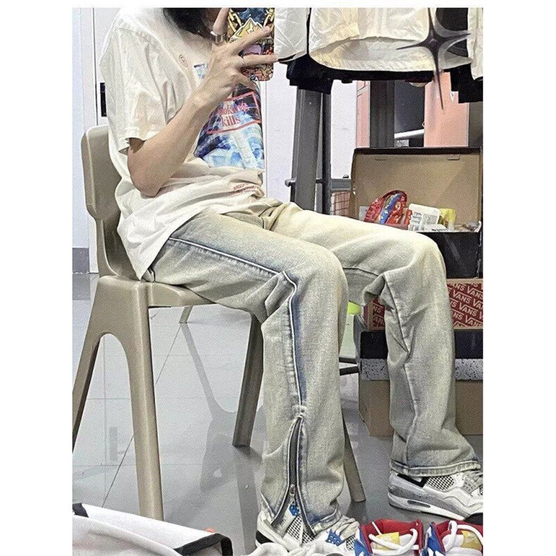 高街修身侧边拉链牛仔裤宽松直筒水洗做旧拖地裤N993,男装牛仔裤,星座1116A（原606A-3）
