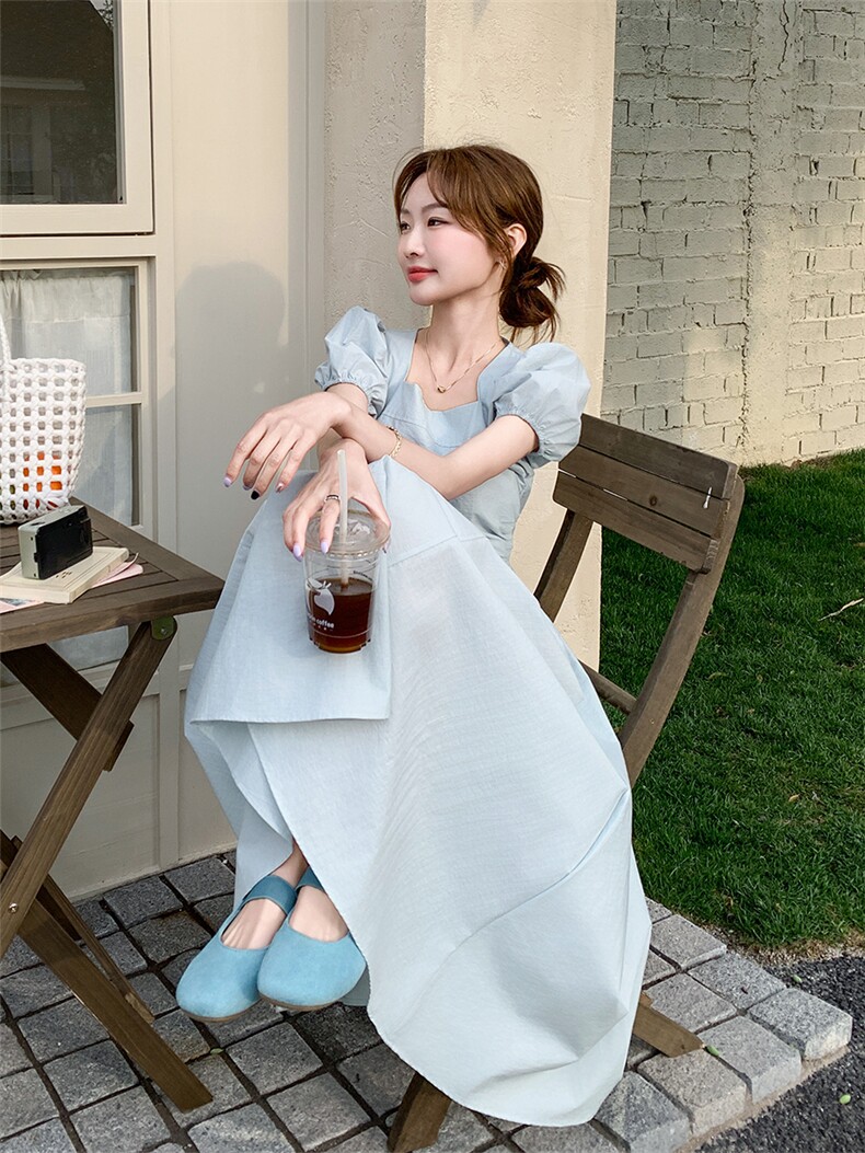 蓝色泡泡袖方领连衣裙女中长款2025夏季新款法式显瘦高级感A字裙,女装连衣裙,浙宝301