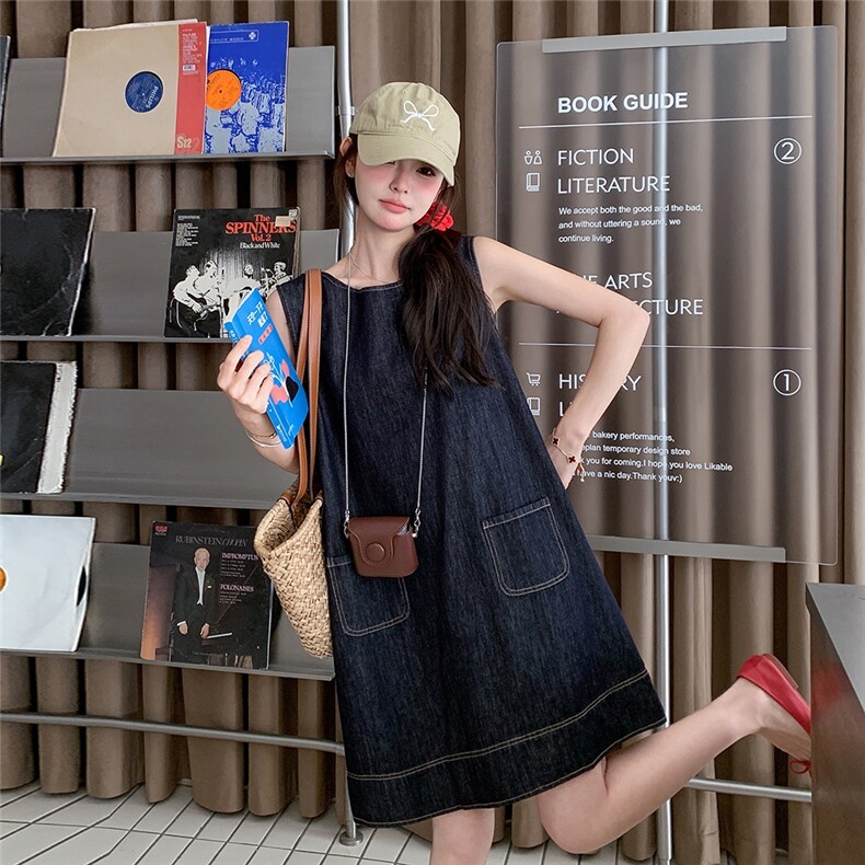 复古无袖牛仔连衣裙女2025夏季新款韩系小个子宽松减龄气质背心裙，女装连衣裙，2C159