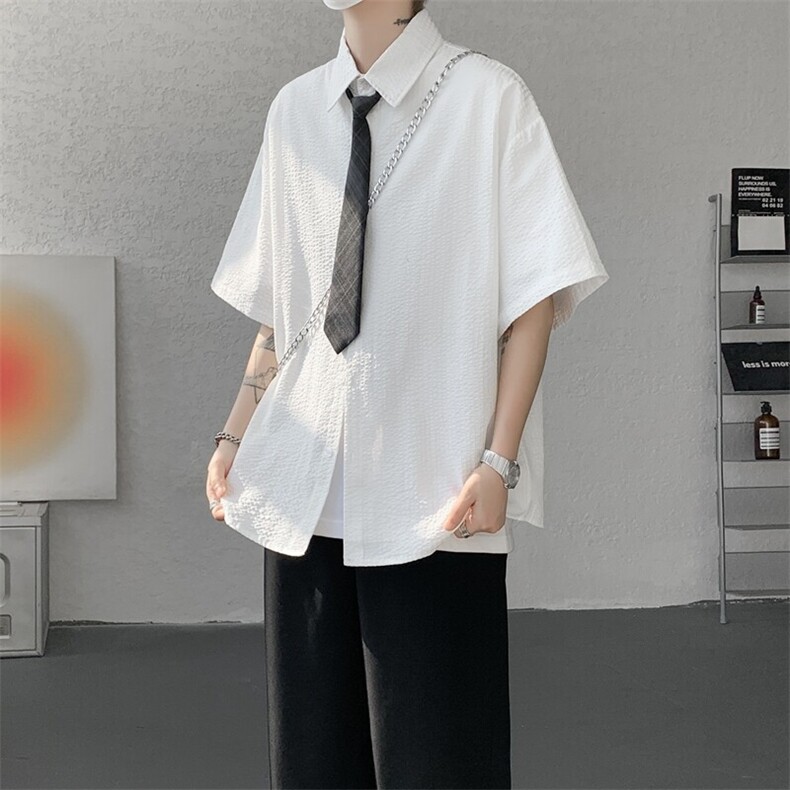 学院风jk领带条纹短袖衬衫大码休闲上衣高级感半袖衬衣DC5010/P55,男装衬衫,电商B238