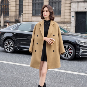 卡其色气质毛呢外套女中长款2025秋冬新款西装领双面绵羊毛呢大衣图片