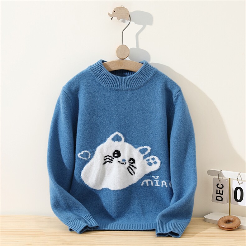 新款百搭小猫印花圆领，童装儿童羊毛衫，冰晶童装