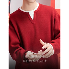 小V领毛衣男女红色打底衫线衣2025新款秋冬季潮牌假两件针织衫帅，男装T恤，星座601-1