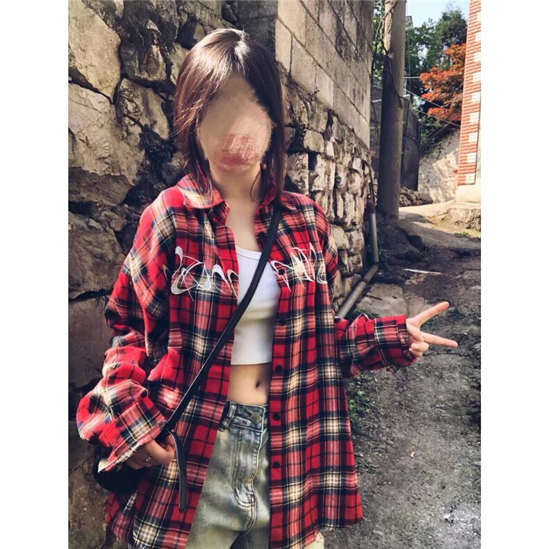美式复古格子长袖衬衫男女春夏秋季潮牌宽松刺绣休闲衬衣外套潮流,男装衬衫,星座1210-1