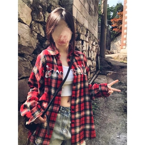 美式复古格子长袖衬衫男女春夏秋季潮牌宽松刺绣休闲衬衣外套潮流图片