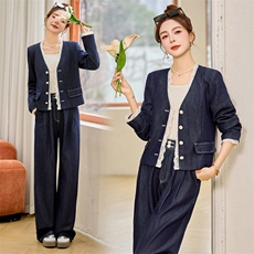 2025春季新款韩系高级感蕾丝拼接牛仔短外套高腰阔腿裤两件套装女，女装套装/套裙，伊仟回