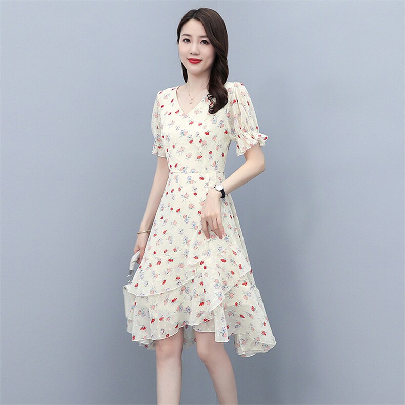 2023夏季新款时尚优雅气质V领花边不规则裙摆印花连衣裙,女装连衣裙,多彩