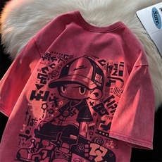 2025新款滑板男孩美式大码青少年水洗短袖XZ517A-3-AQ015T-P38，男装T恤，星座517A-3