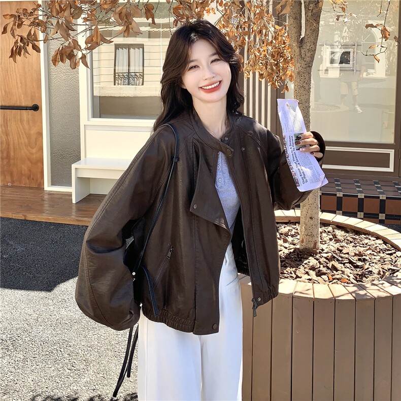 咖色美式复古减龄PU皮衣外套女2025秋季新款百搭时尚气质流行夹克,女装短外套,2C198