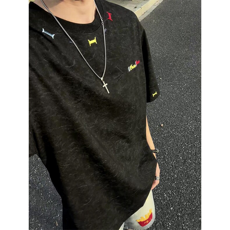美式重磅做旧绣花短袖t恤圆领宽松半袖情侣上衣T3684-特价P35,男装T恤,电商A007