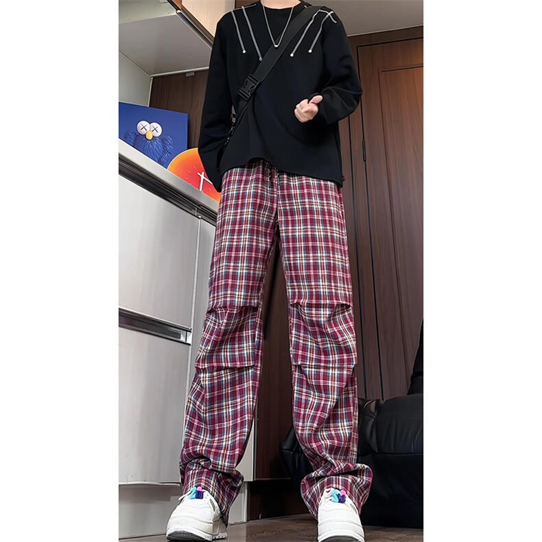 K5055/P40秋装新款美式复古红色格子裤男褶皱直筒裤休闲裤长裤,男装休闲裤,电商A141