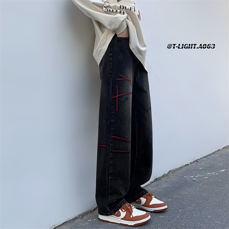美式ins高街hiphop刺绣重工艺水洗直筒牛仔裤货号K689P55图片