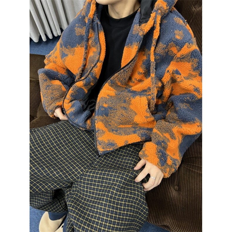 WT109-P110橙色火烧云扎染连帽男羊羔毛保暖厚外套,男装棉衣,星座1501-3
