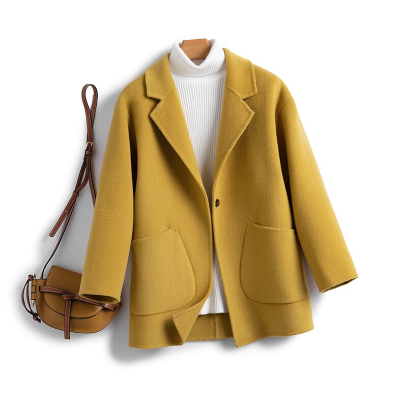 双面羊绒女大衣羊毛蚕型遮肚胖MM小个女外套毛呢大码西装领显瘦，女装双面呢大衣，温鑫双面呢