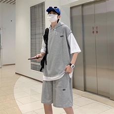 华夫格短袖夏季套装男士假两件青少年帅气连帽运动休闲薄款一套，男装休闲套装，星座410-6（原星座1304-1）
