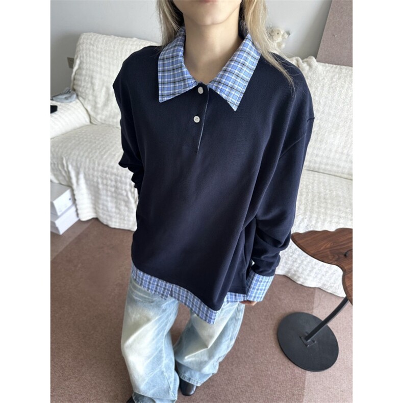 网图~老钱风miu系格纹假两件拼接polo长袖卫衣W1369/特P40,男装Polo衫,电商B350
