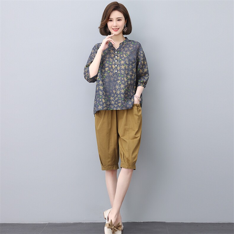 夏季纯苎麻上衣裤子两件套2022年夏季女款中年妈妈时尚套装,女装套装/套裙,忆绮罗