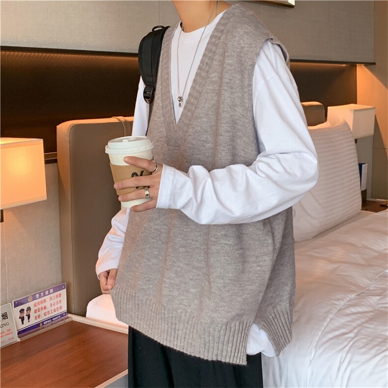 V领针织马甲春秋季dk制服学院风开叉毛衣背心宽松慵懒风M131-P38,男装背心/马甲,星座512-2
