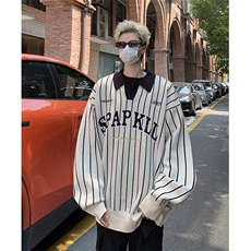 港风秋款男Polo领卫衣条纹字母刺绣宽松外套WY6031P62，男装卫衣，星座1013-1