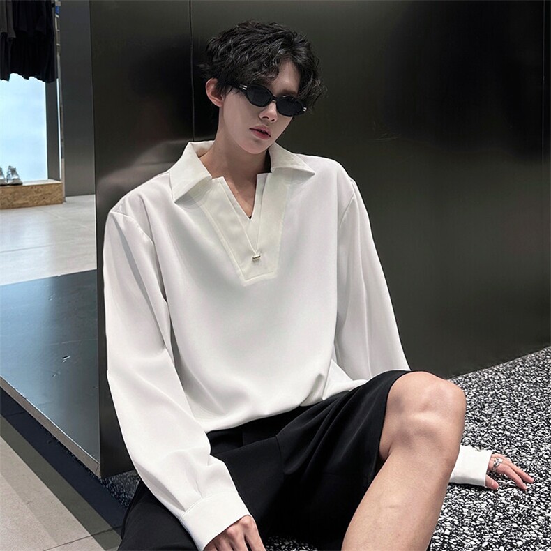 春夏新款小心机深V西装双领假两件衬衫 金属袖扣点缀衬衫外套P45图片