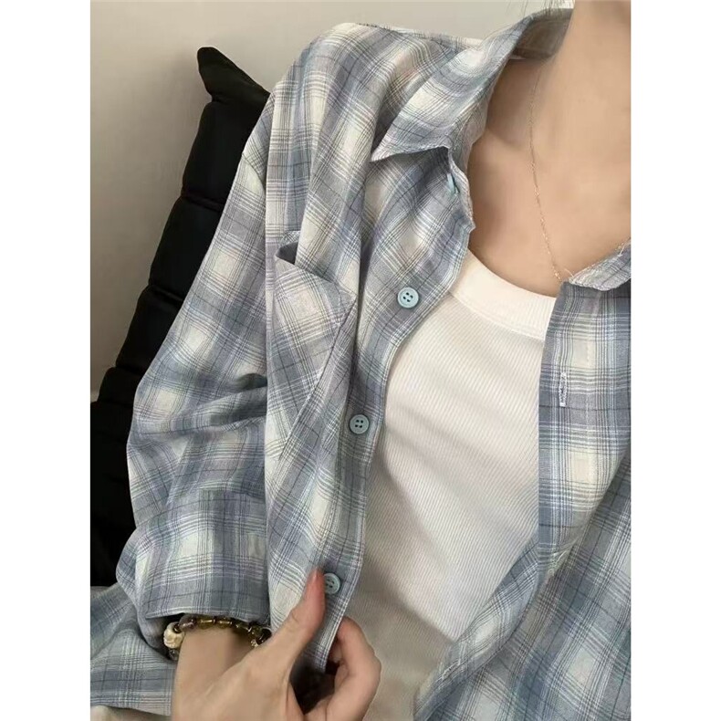 格子衬衫女季新款宽松慵懒风长袖衬衣外套休闲上衣ACS259,男装衬衫,星座208-5