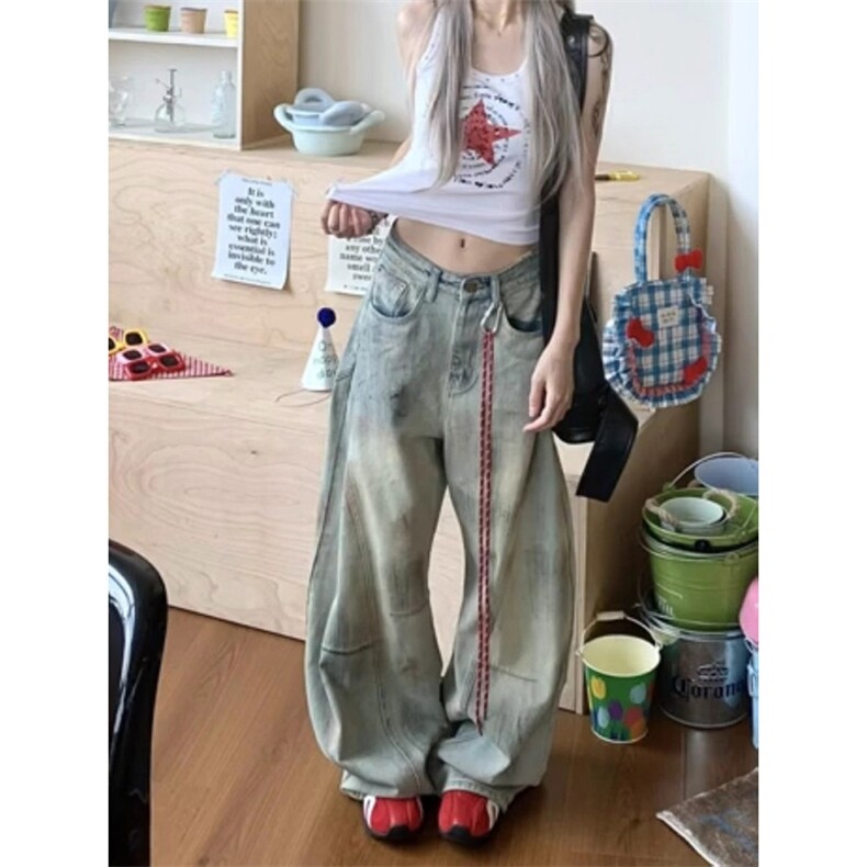 美式复古做旧脏染弯刀牛仔裤显瘦阔腿拖地裤Z0221-P55图片