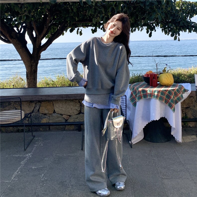 韩系慵懒休闲风格纹拼接卫衣套装女2026春季阔腿裤时尚减龄两件套,女装套装/套裙,艾米莉亚
