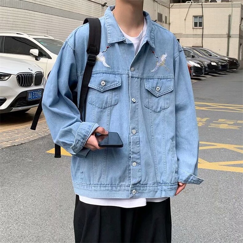 复古做旧刺绣仙鹤牛仔外套男秋bf百搭宽松工装情侣外套W1086-P50,男装夹克,星座512-4