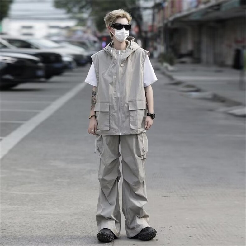 连帽马甲宽松薄款工装裤套装夏季美式街头长裤子男女潮-TZ260-p65，男装休闲套装，星座601-2