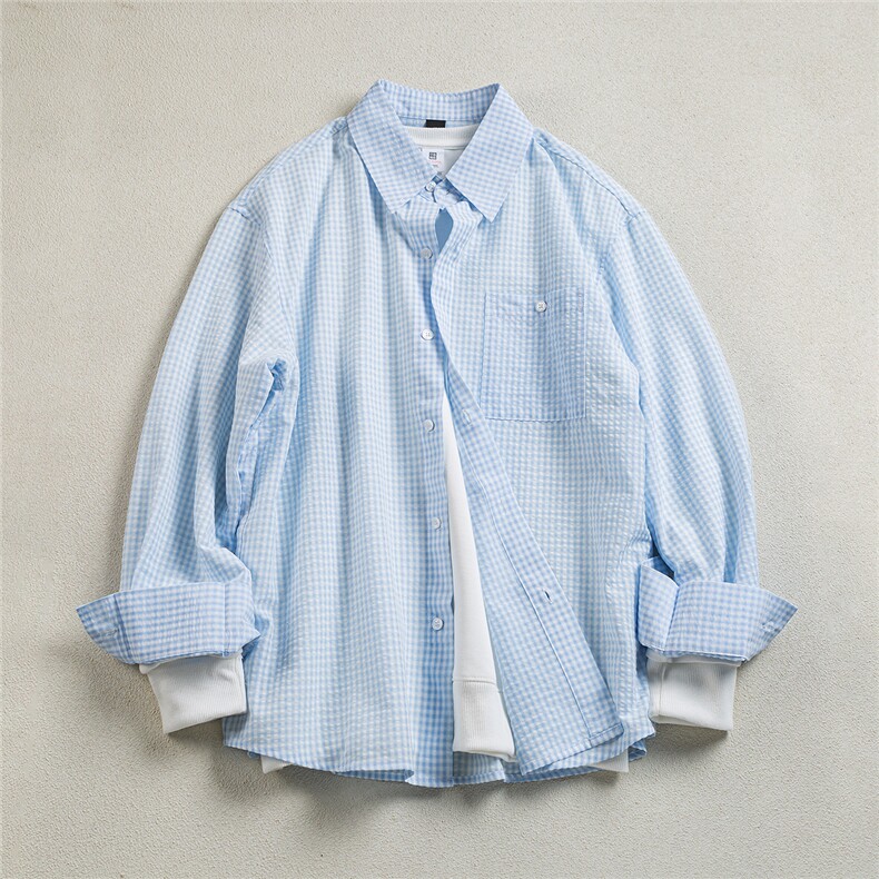 B413-1-DX6180美式复古长袖格子衬衫外套港风宽松百搭情侣衬衣服,男装衬衫,电商B413-1