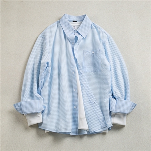 B413-1-DX6180美式复古长袖格子衬衫外套港风宽松百搭情侣衬衣服图片