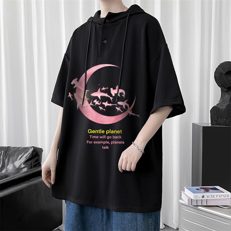 LD54209-P45连帽短袖t恤男大码胖子带帽五分袖中袖,男装T恤,电商A040