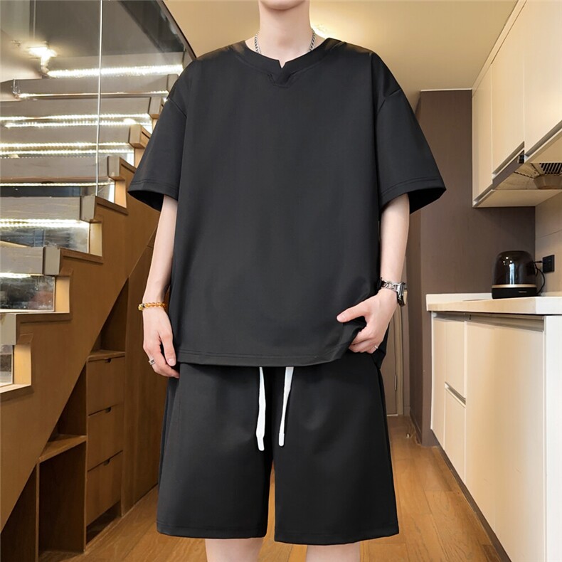 光版二开冰丝套装男V领一套夏季休闲短裤T恤A266-BSVLTZ007-P50,男装休闲套装,电商A266