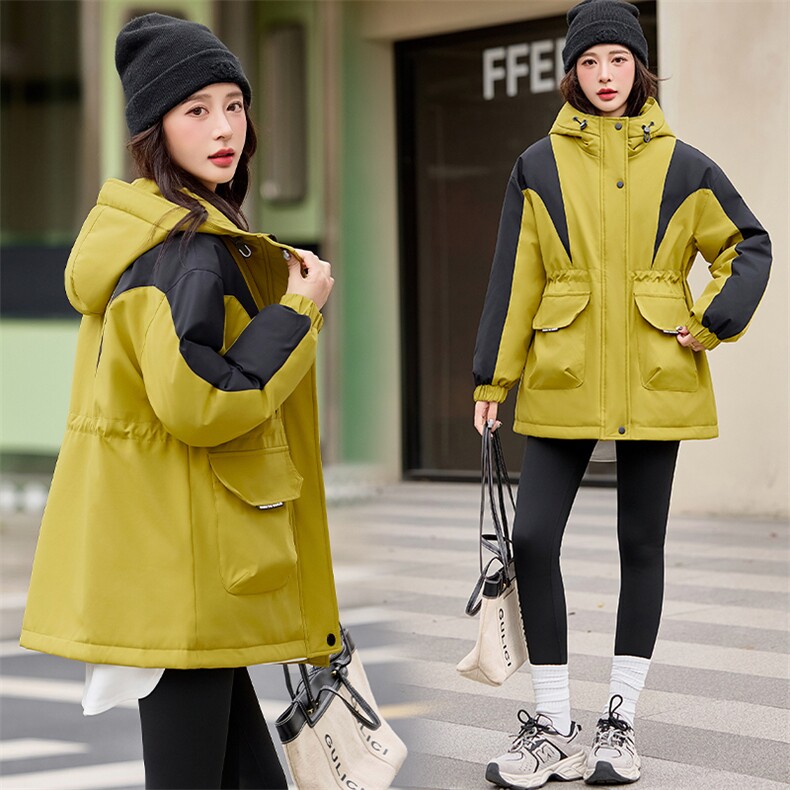 撞色拼接工装派克羽绒服女2024冬新款时尚休闲保暖加厚白鸭绒外套,女装羽绒服,采品优优