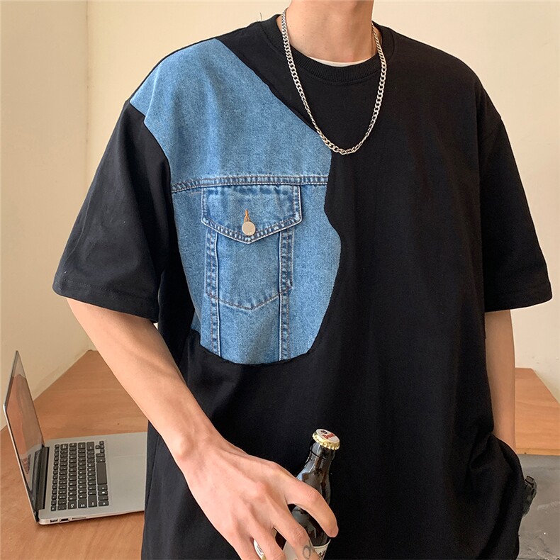 水洗牛仔拼接短袖男装夏季港风潮流insT恤2024新款,男装T恤,电商C306-1