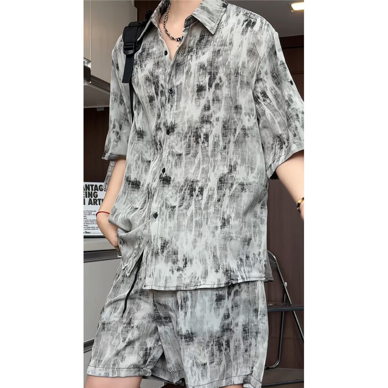 短袖衬衫男+短裤男套装男100%聚酯纤维M-5XL大码TZ78717P50控98,男装牛仔裤,星座226-1
