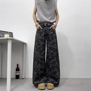 大码美式高街迷彩工装牛仔裤女2025新款直筒拖地裤子RK2923-P45