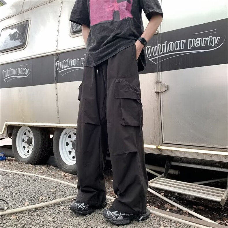 美式复古直筒伞兵工装裤潮牌男女秋季新款宽松蓝色阔腿裤灯笼裤潮,男装休闲裤,四季星座218-1
