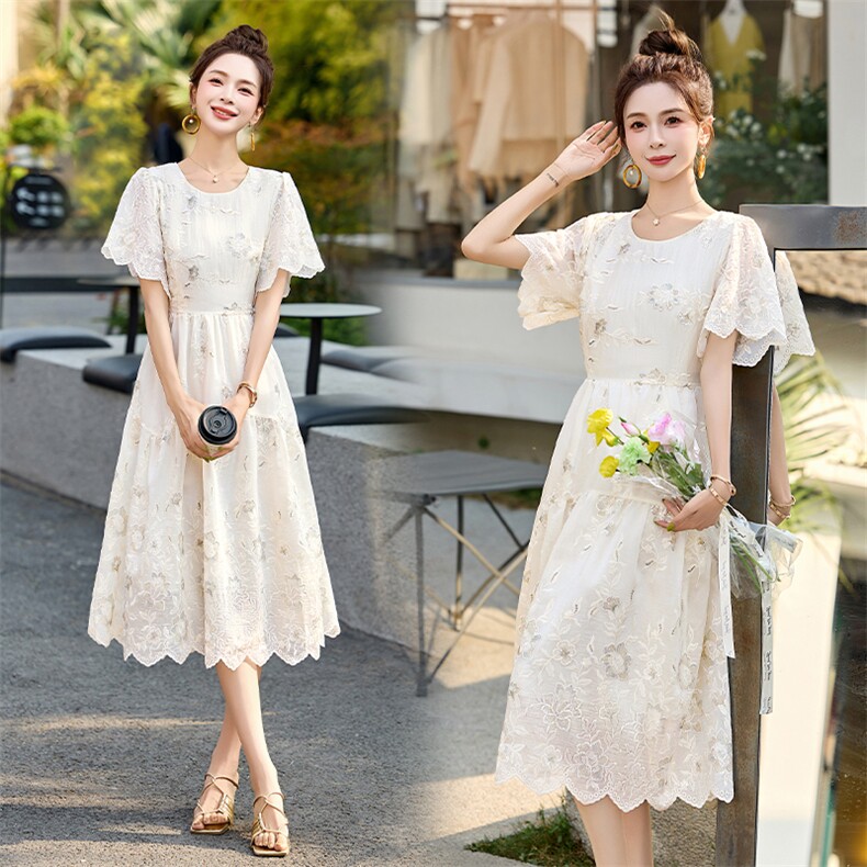 白色连衣裙女气质优雅2025夏季新款法式甜美风刺绣显瘦中长款裙子，女装连衣裙，罗得堡