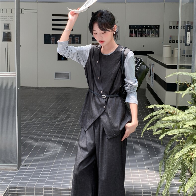 韩系淡人穿搭气质一整套女2025秋季不规则马甲打底衫阔腿裤三件套,女装套装/套裙,2C057