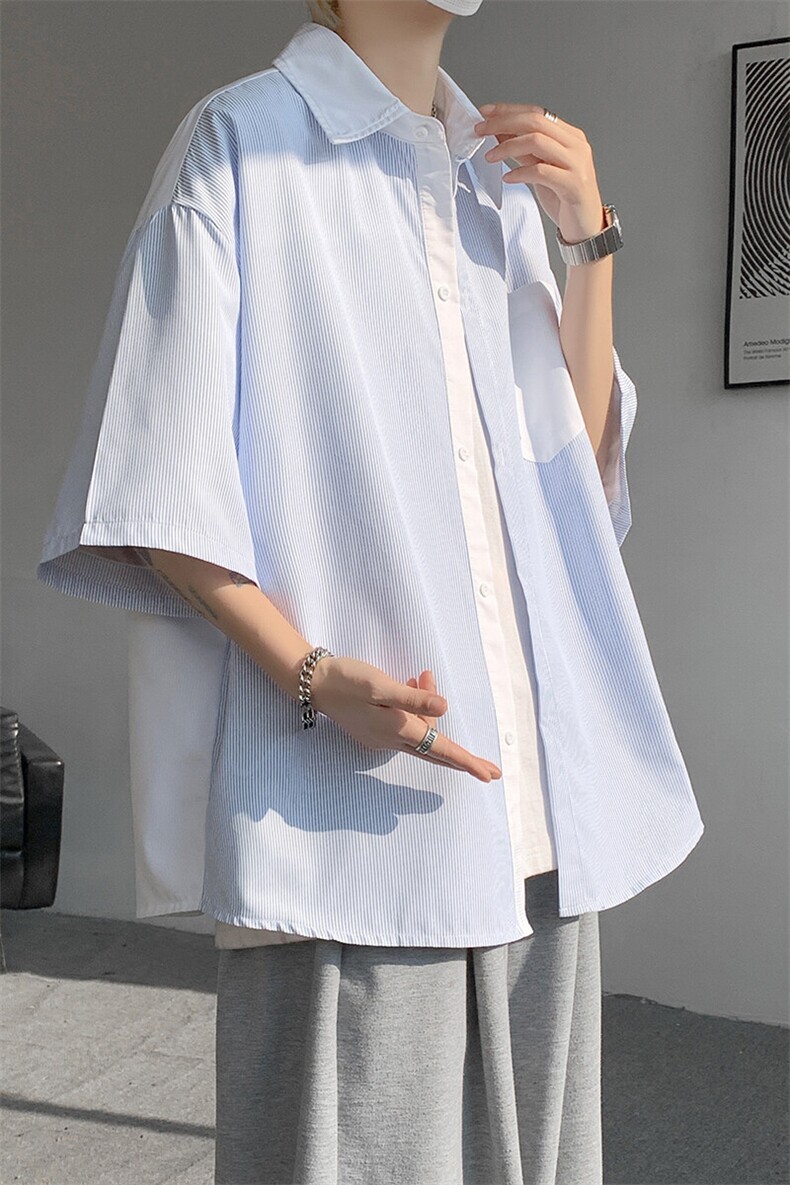 仓库现货CS1120-特批25条纹撞色拼接百搭痞帅大码短袖衬衫,男装衬衫,电商A059